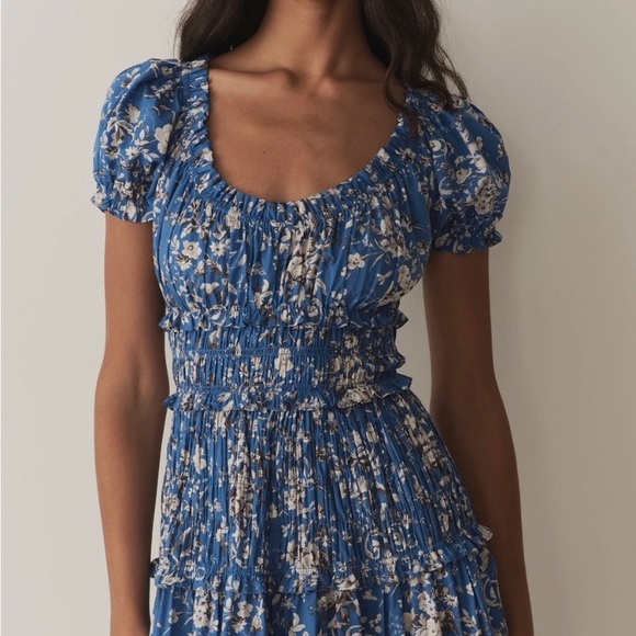 Doen Leanne Cotton Shirred Smocked Midi Maxi Dress Jardins De La Fontaine Blue - Picture 3 of 12